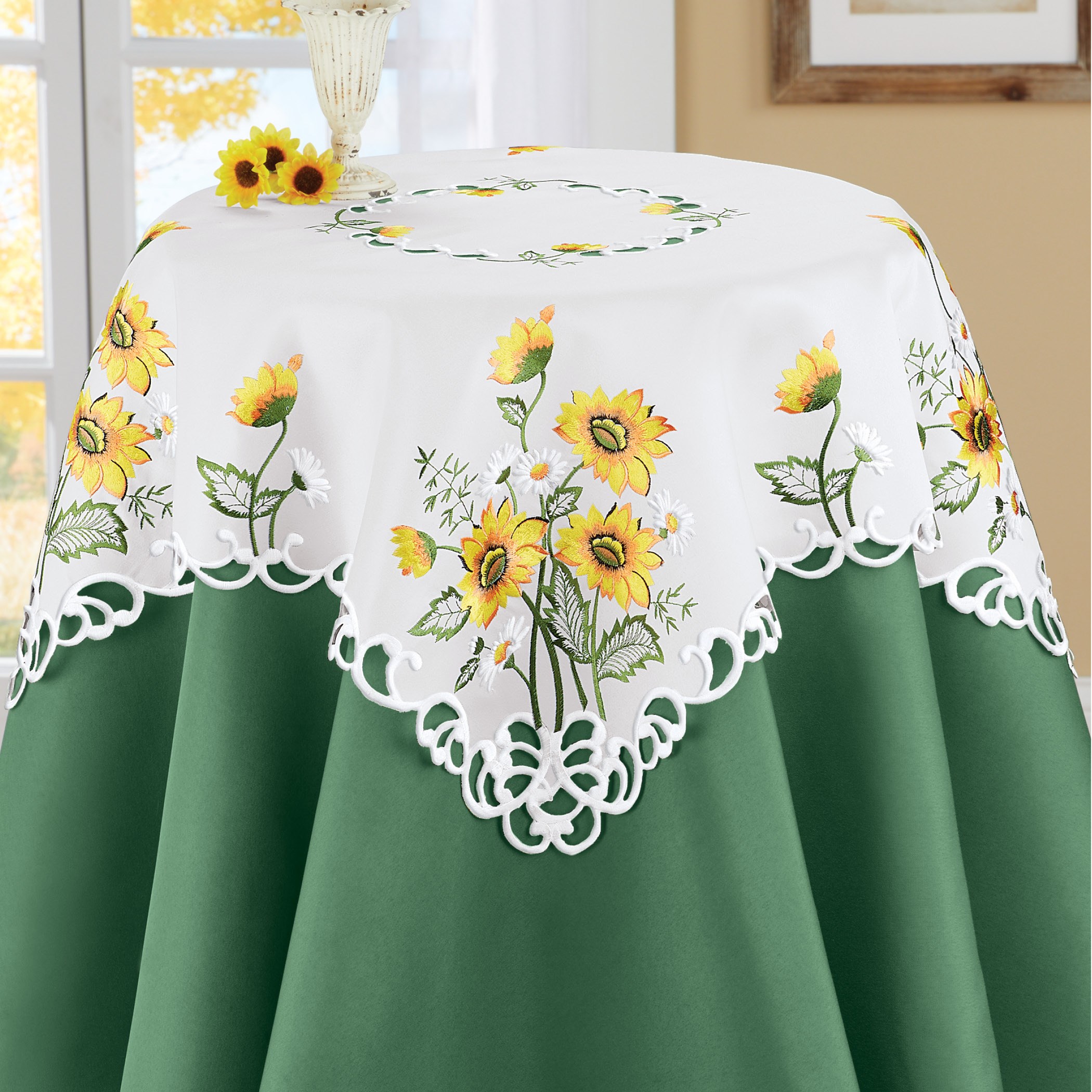 Embroidered Table Topper Doily Table Centerpiece Open Weave Cut Work Sunflower and White Daisy on Ivory 23 Round